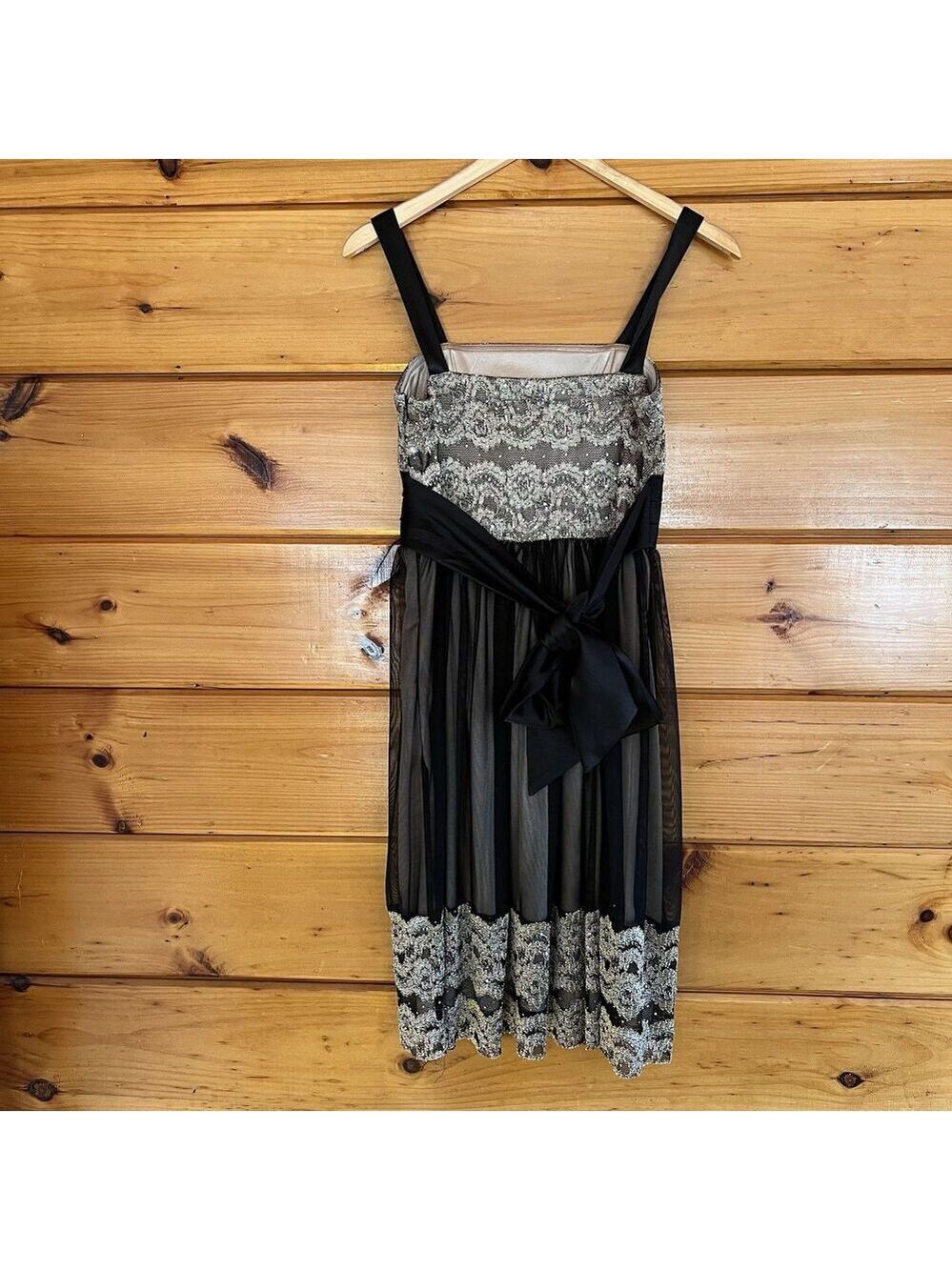 Dressbarn Collection Black Gold Lace Mesh Midi Cocktail Dress Tie Back Sz 6P